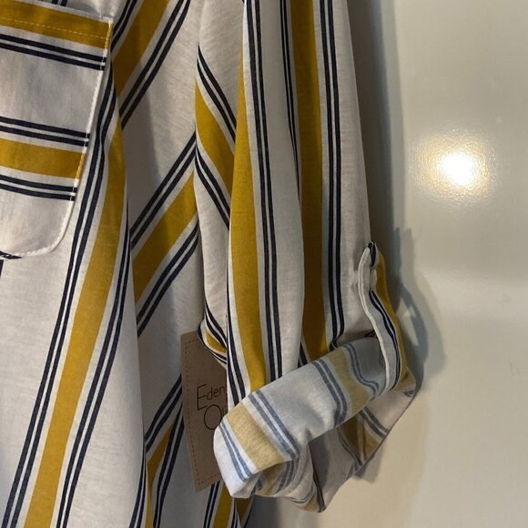 Eden & Olivia SZ 3X NWT Knit Pullover Yellow & Navy Stripe top roll tab sleeve - Picture 3 of 10